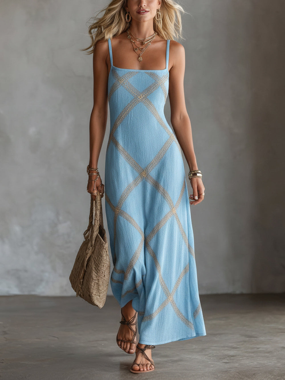 Geometric Maxi Dress with Square Neck