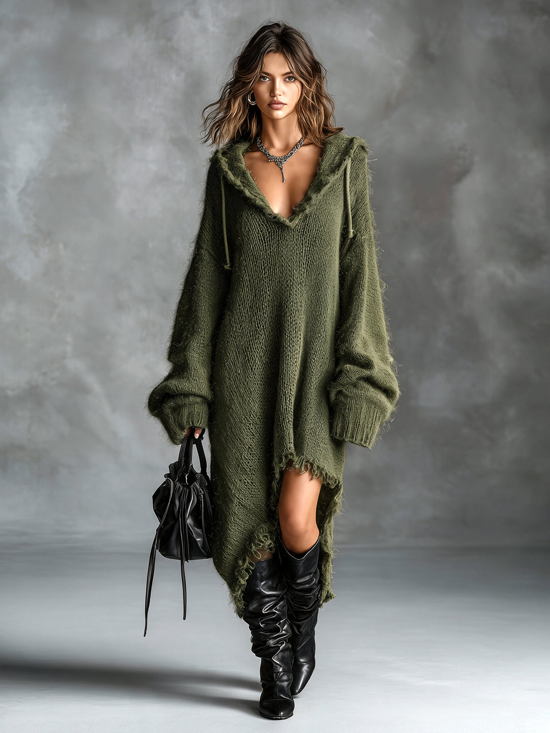Fuzzy Knit Hooded Dress