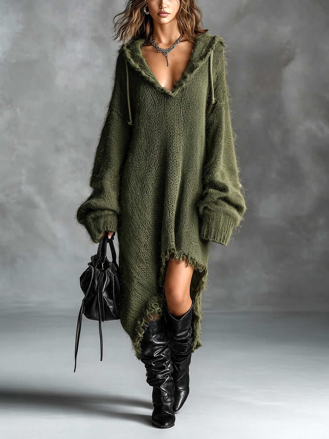 Fuzzy Knit Hooded Dress