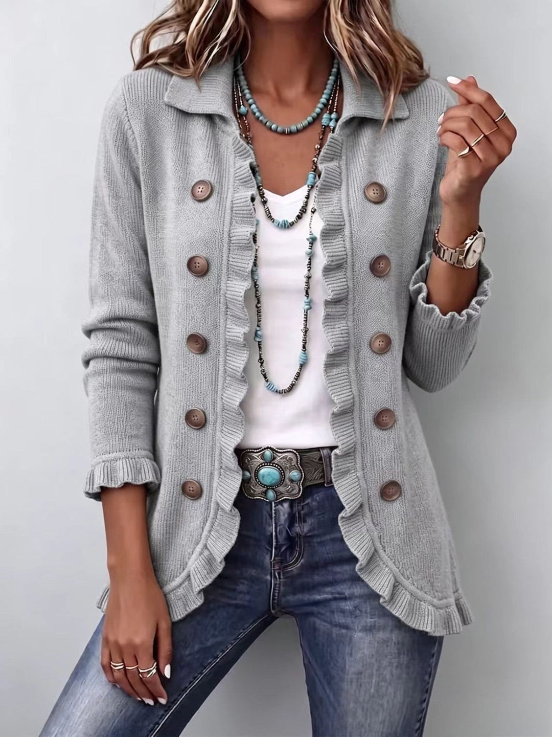 Grey Marled Vintage-Inspired Frill Cardigan