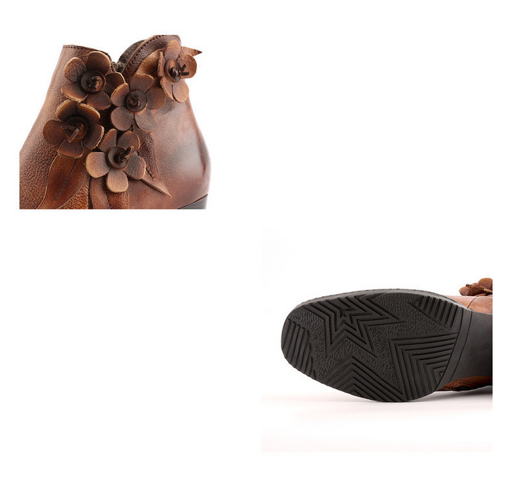 Retro Handmade Floral Leather Solid Color Ankle Boots