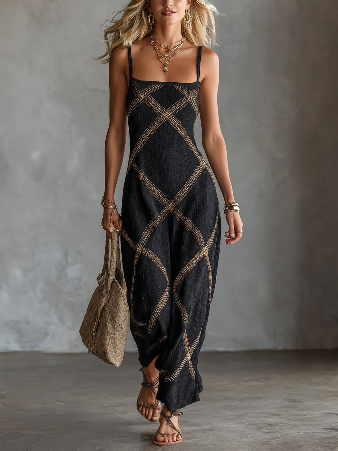 Geometric Maxi Dress with Square Neck