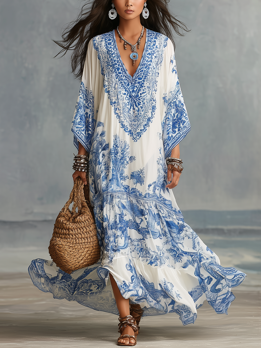 Blue Porcelain Print Kaftan Dress