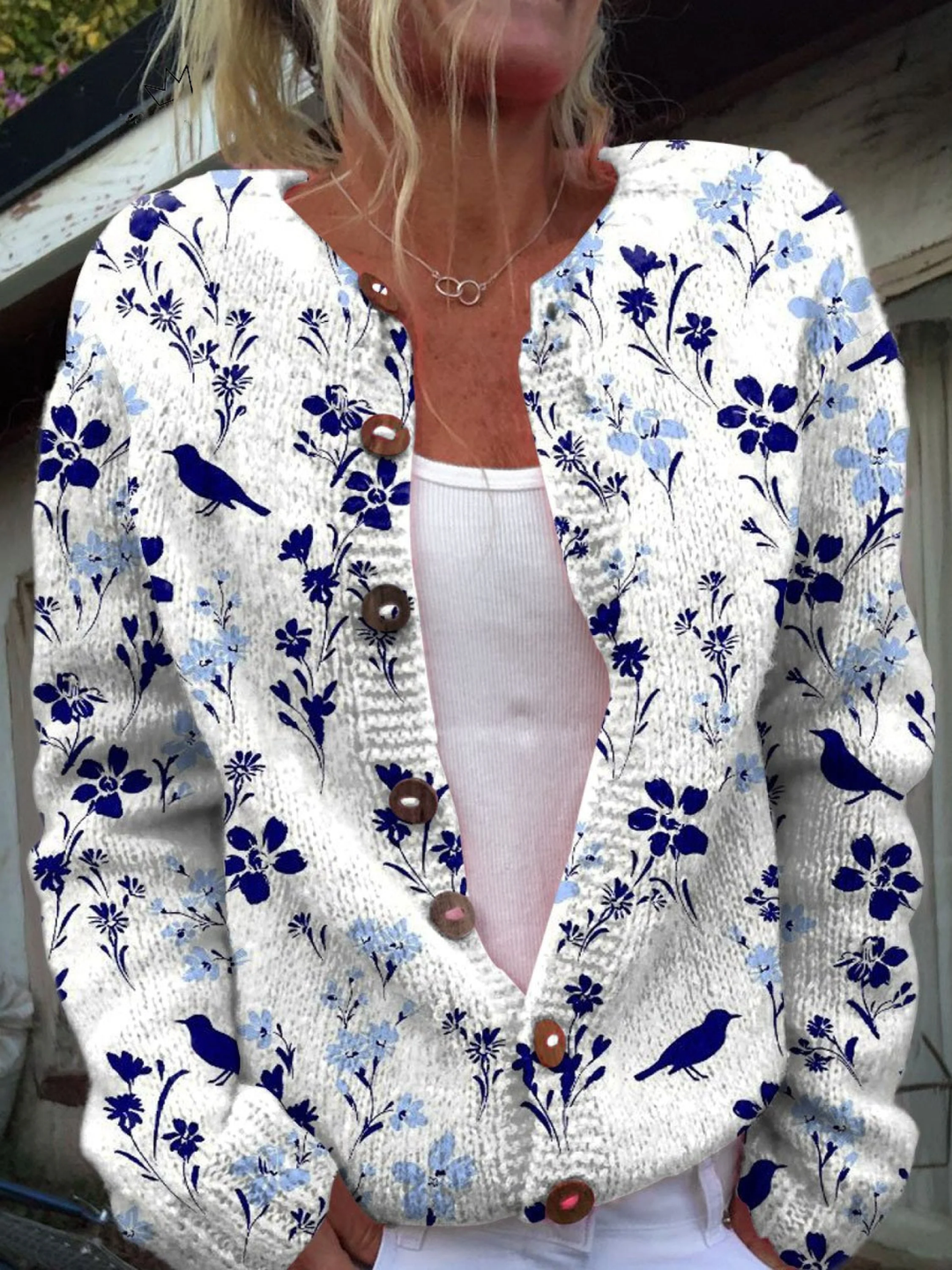 Vintage Floral Bird Print Button-Front Cardigan Sweater