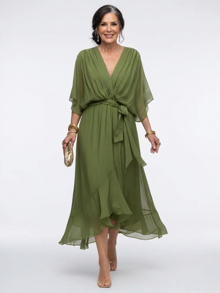 V-Neck Draped Waist Midi Dress