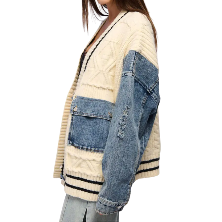 Relaxed Denim Patchwork Knit Cardigan