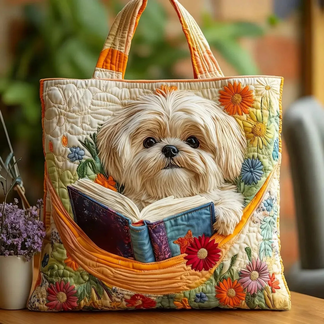 Shih Tzu with Books and Flowers Handmade Tote Bag