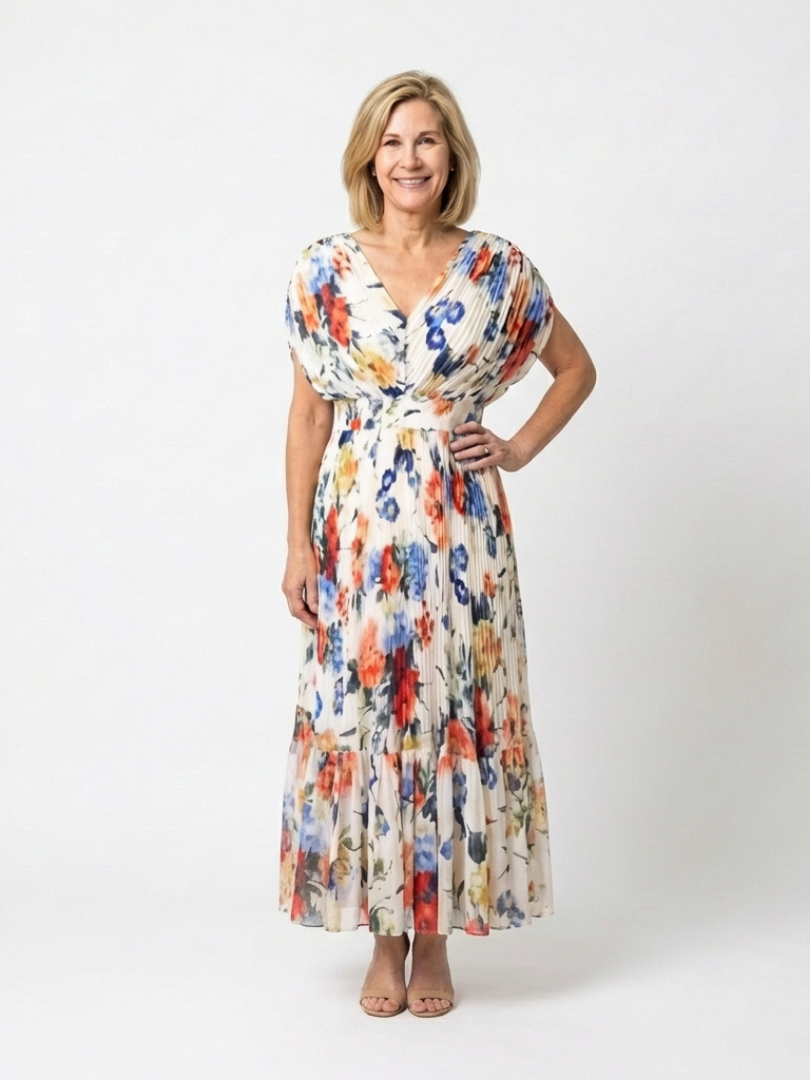 Pleated V-Neck Midi Dress