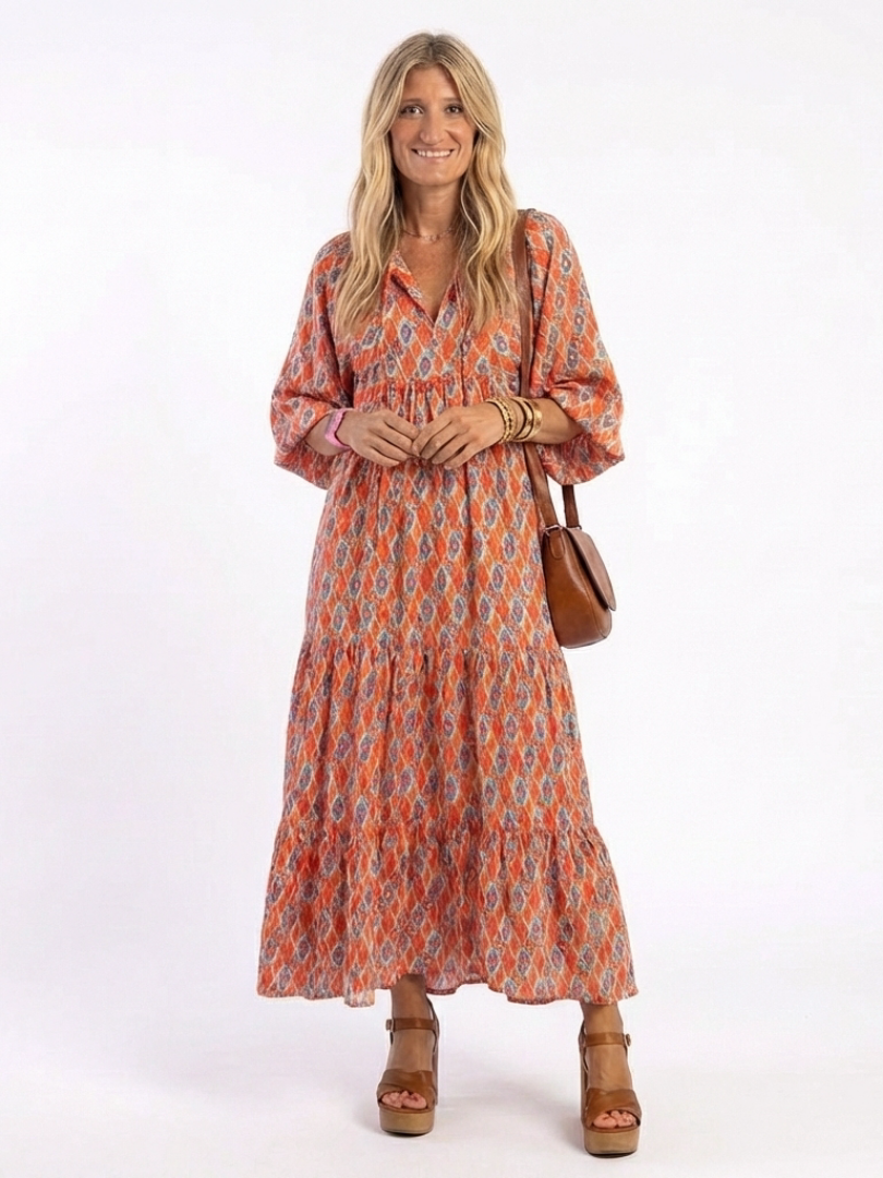 Geometric Print V-Neck Midi Dress