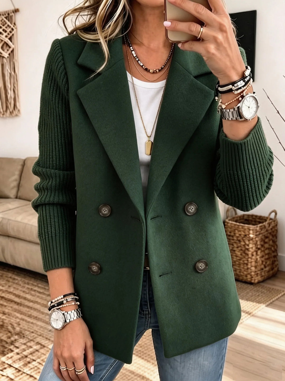 Textured Blazer with Knit Sleeves