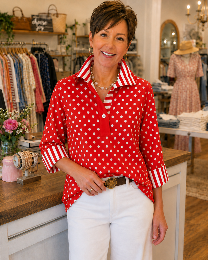 Polka Dot Contrast-Stripe Blouse