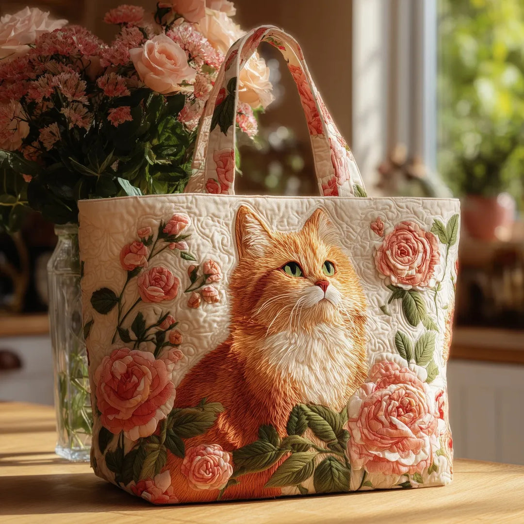 Ginger Cat with Roses Handmade Tote Bag