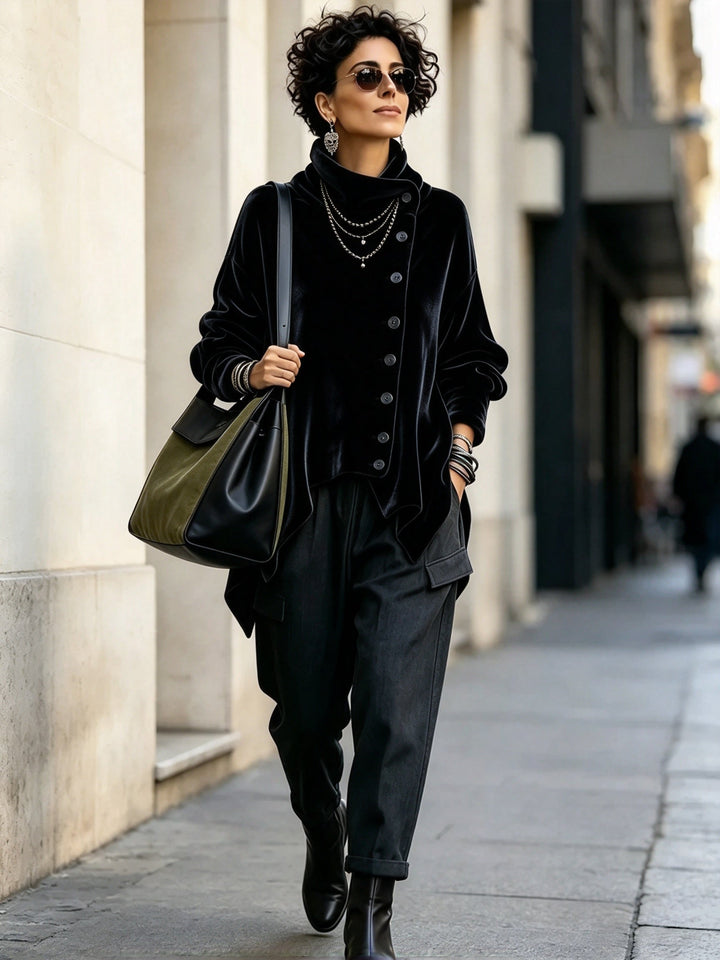 Velvet Asymmetric Button Top