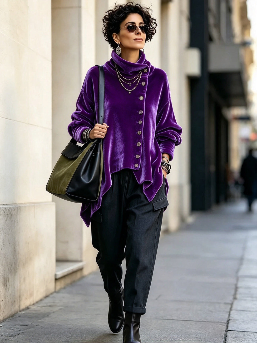Velvet Asymmetric Button Top