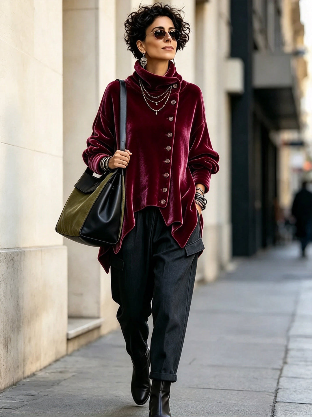 Velvet Asymmetric Button Top