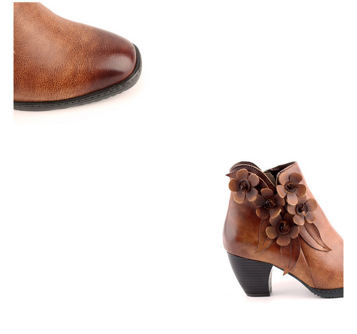 Retro Handmade Floral Leather Solid Color Ankle Boots