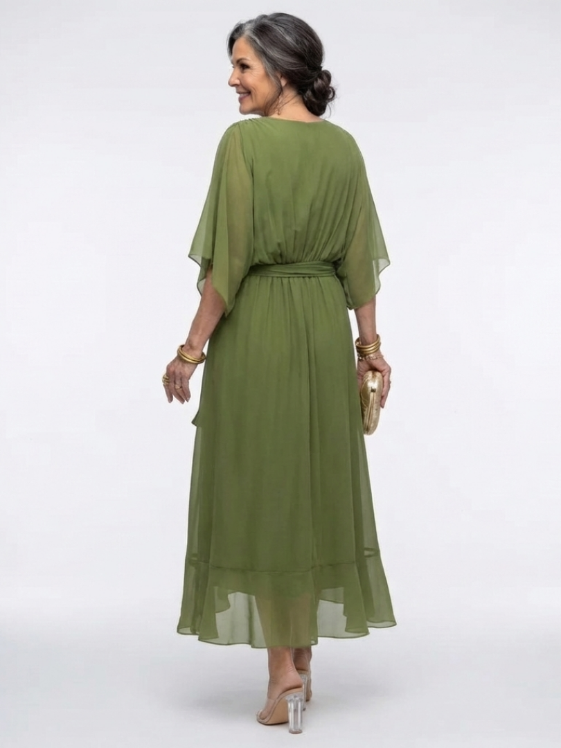 V-Neck Draped Waist Midi Dress