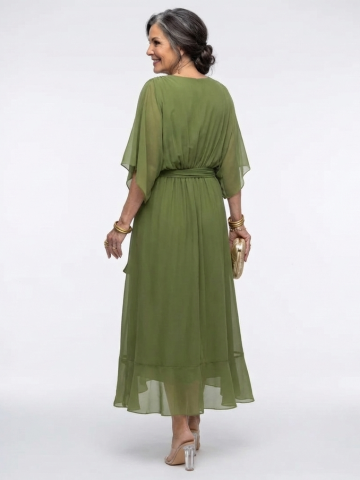 V-Neck Draped Waist Midi Dress