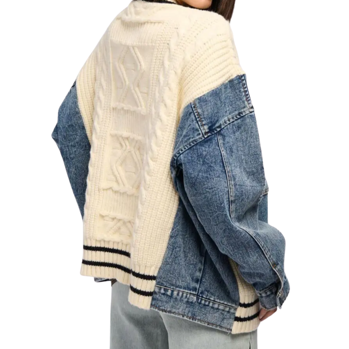 Relaxed Denim Patchwork Knit Cardigan