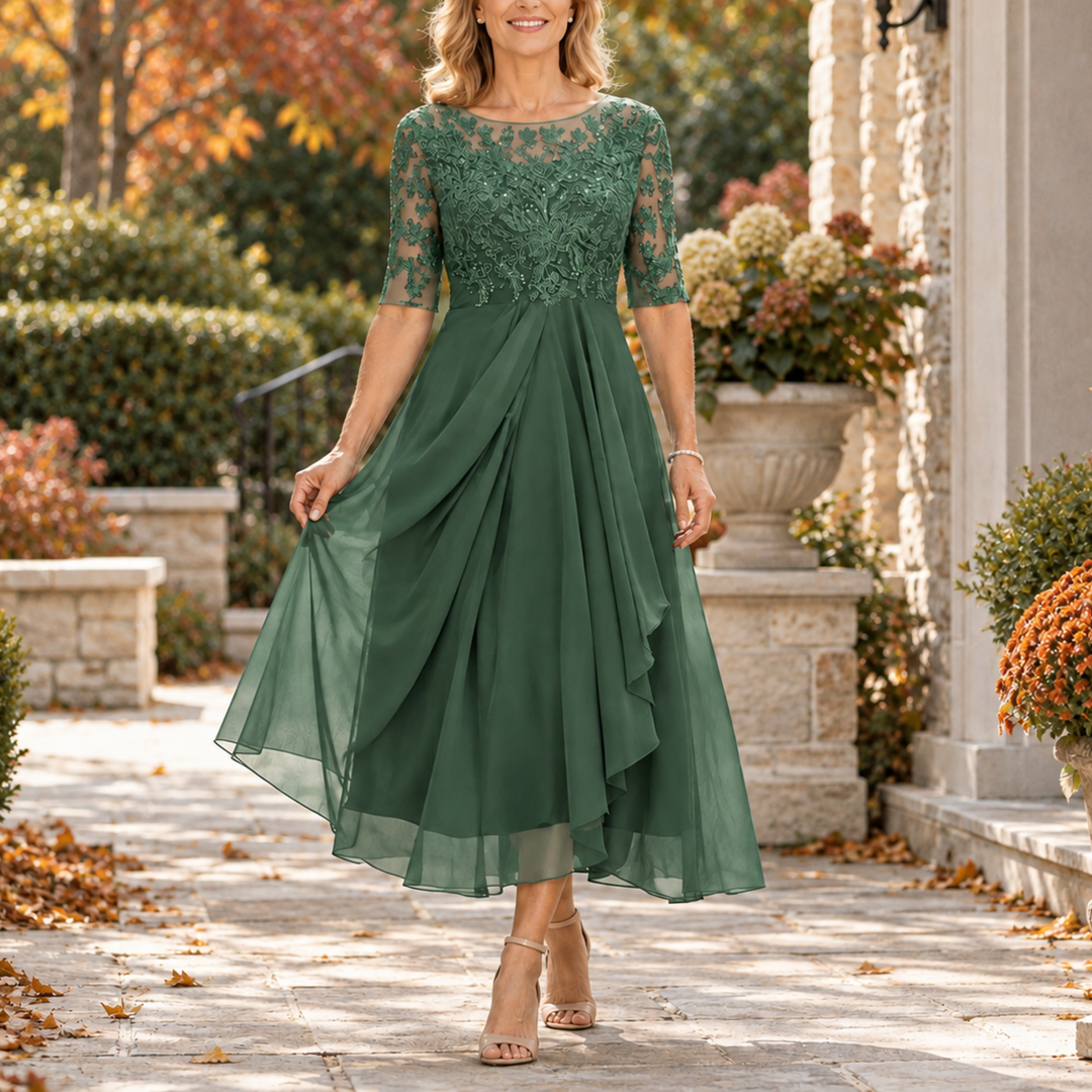 Lace Bodice Draped Midi Dress Audrey