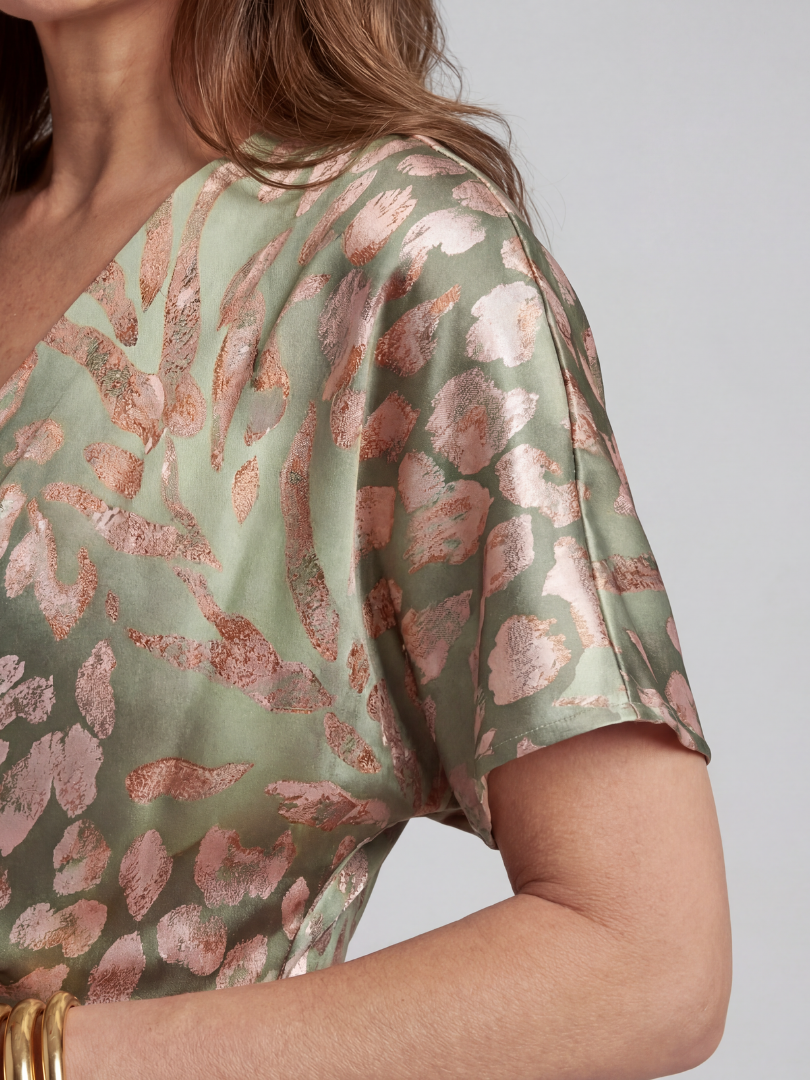 Print V-Neck Wrap Waist Midi Dress