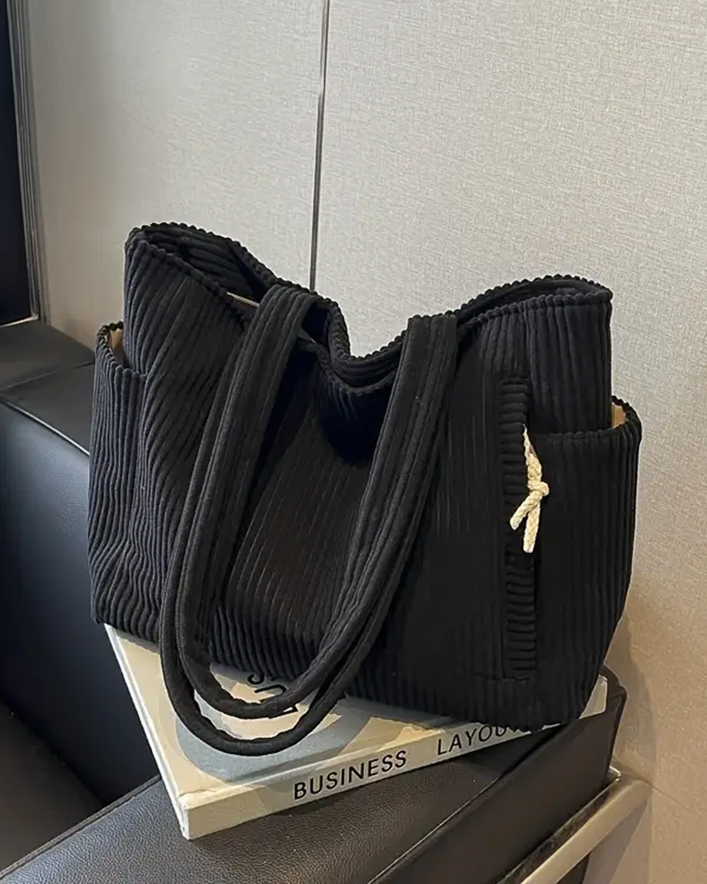 Ribbed Tote Bag with Drawstring Detail