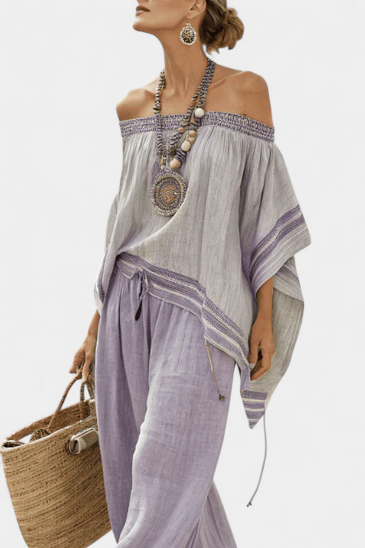 Off-Shoulder Top and Wide-Leg Striped Pants
