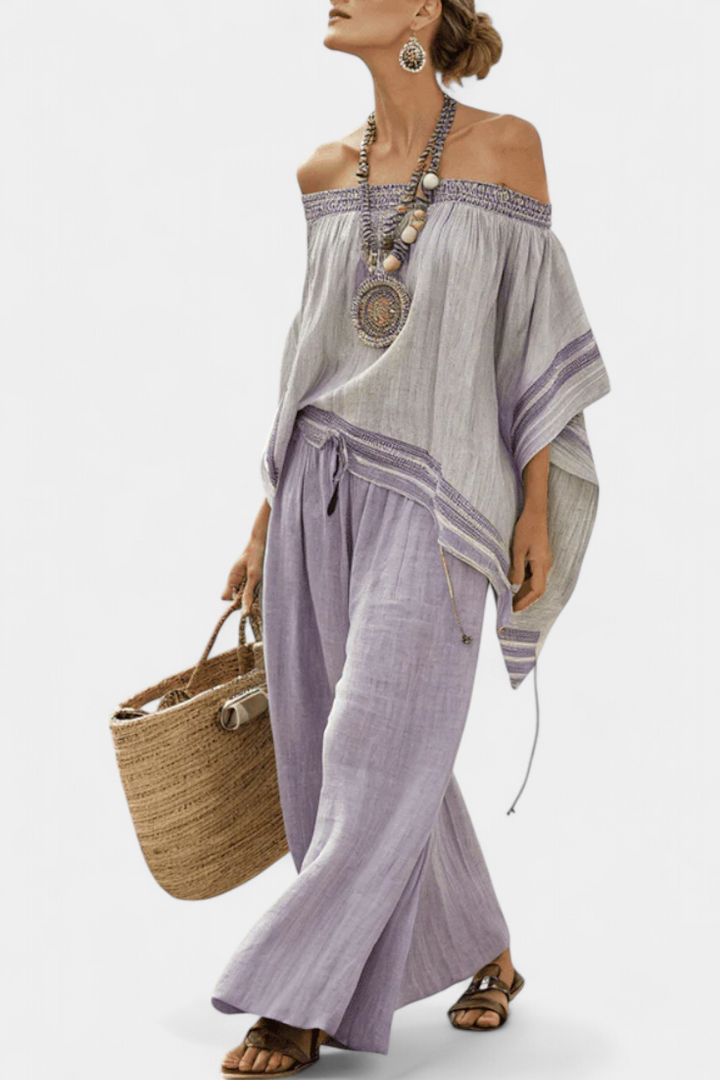 Off-Shoulder Top and Wide-Leg Striped Pants