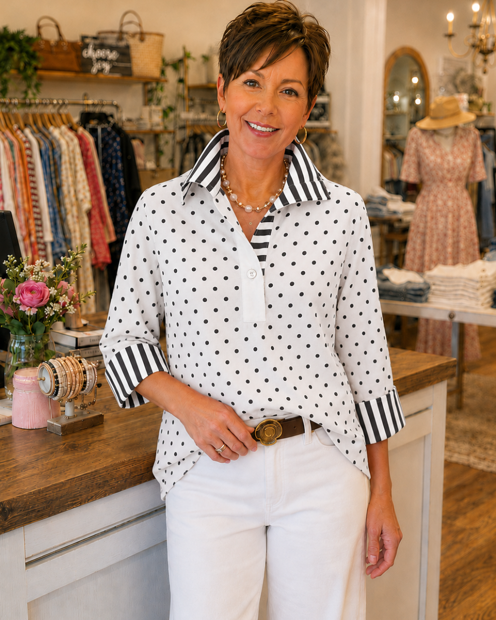 Polka Dot Contrast-Stripe Blouse