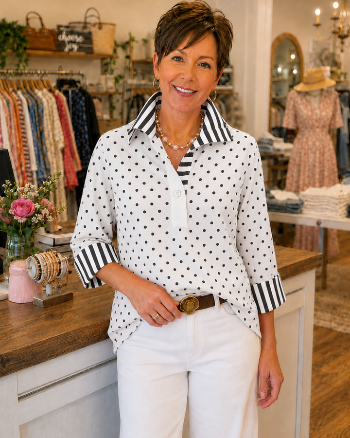 Polka Dot Contrast-Stripe Blouse