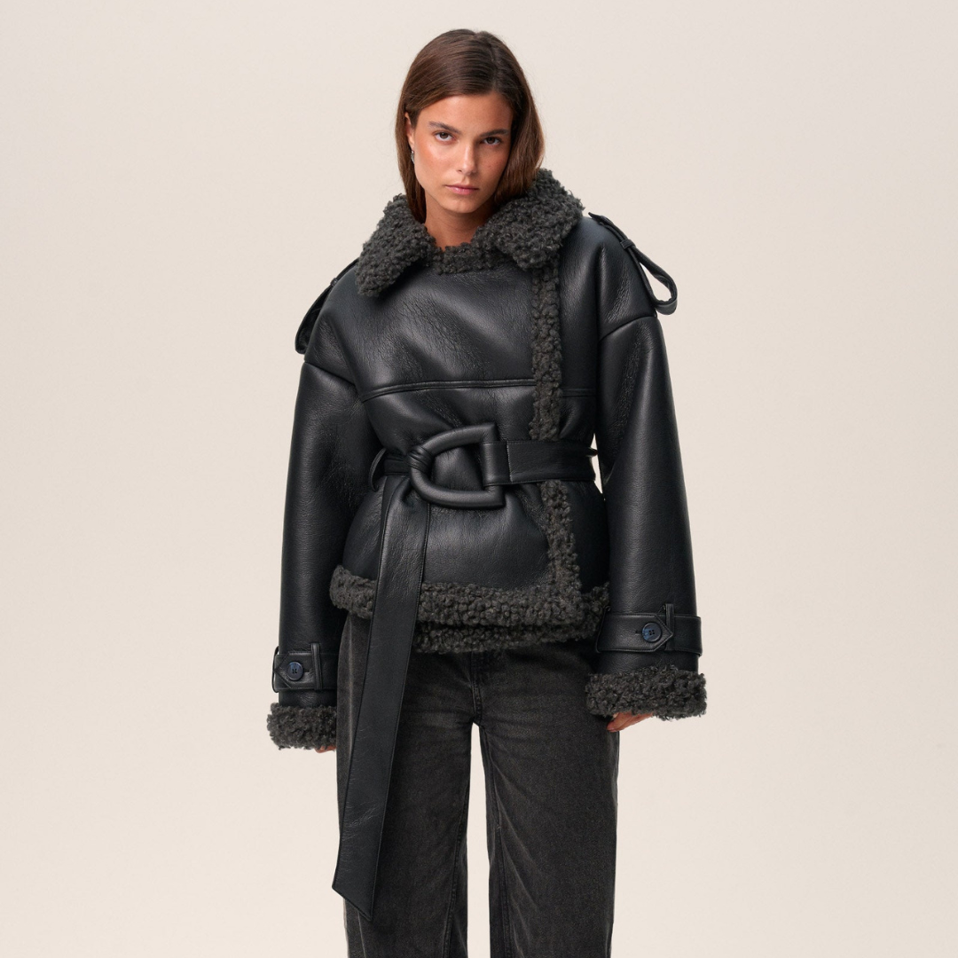 Belted Shearling Coat with Timeless Elegance