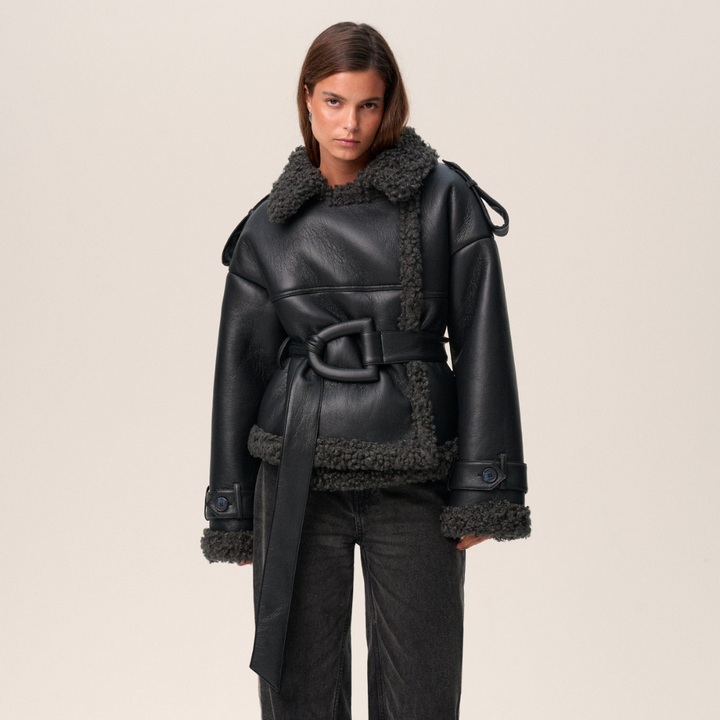 Belted Shearling Coat with Timeless Elegance