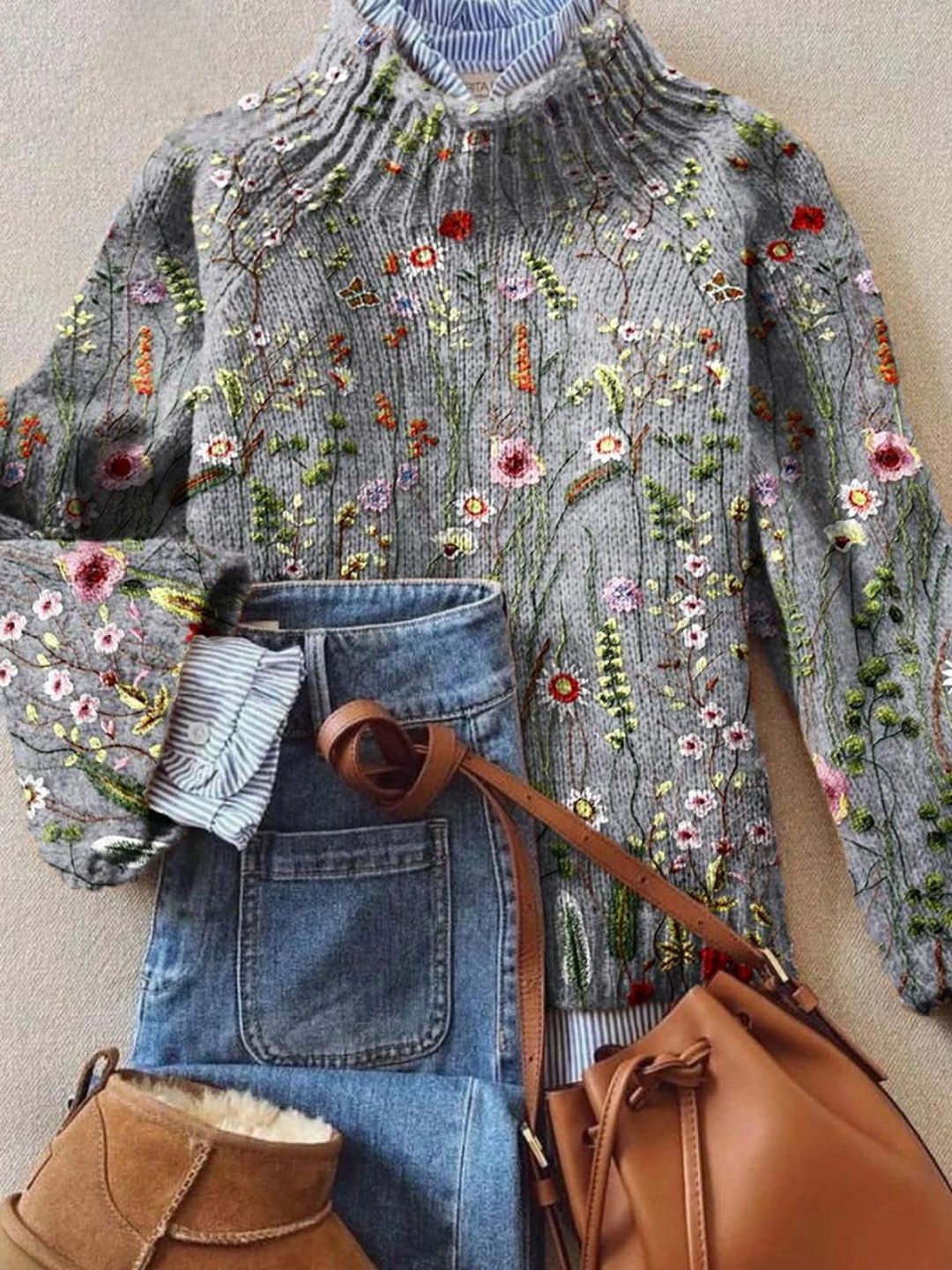 Vintage Floral Roll Neck Knitted Sweater