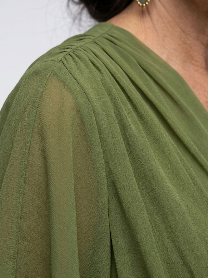V-Neck Draped Waist Midi Dress