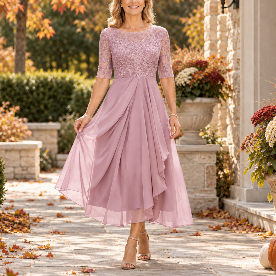 Lace Bodice Draped Midi Dress Serena