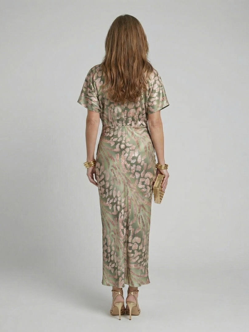 Print V-Neck Wrap Waist Midi Dress