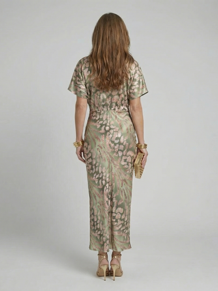 Print V-Neck Wrap Waist Midi Dress