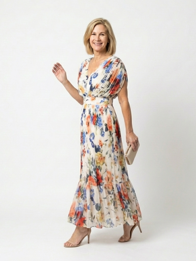 Pleated V-Neck Midi Dress