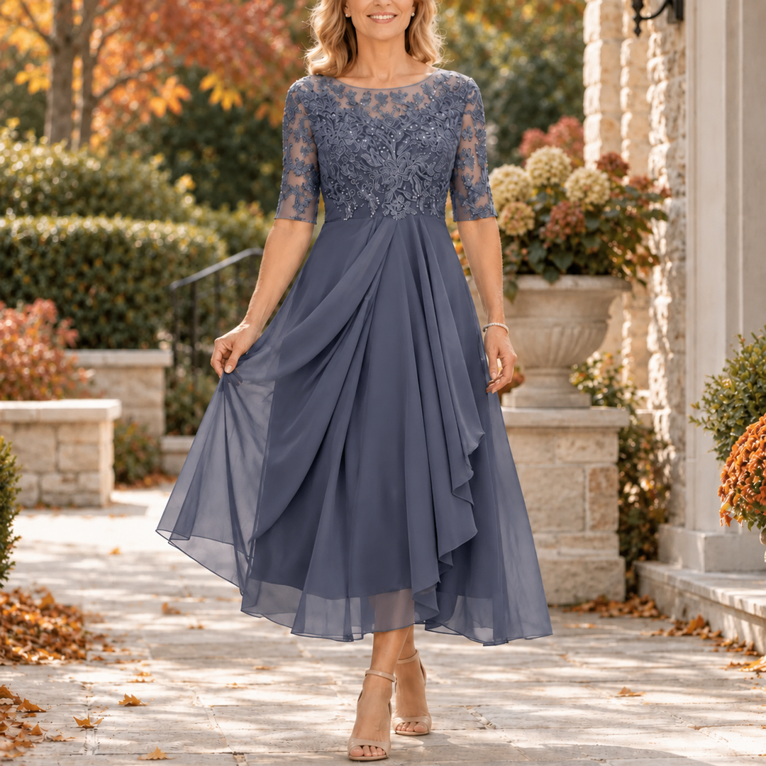 Lace Bodice Draped Midi Dress Rosalie