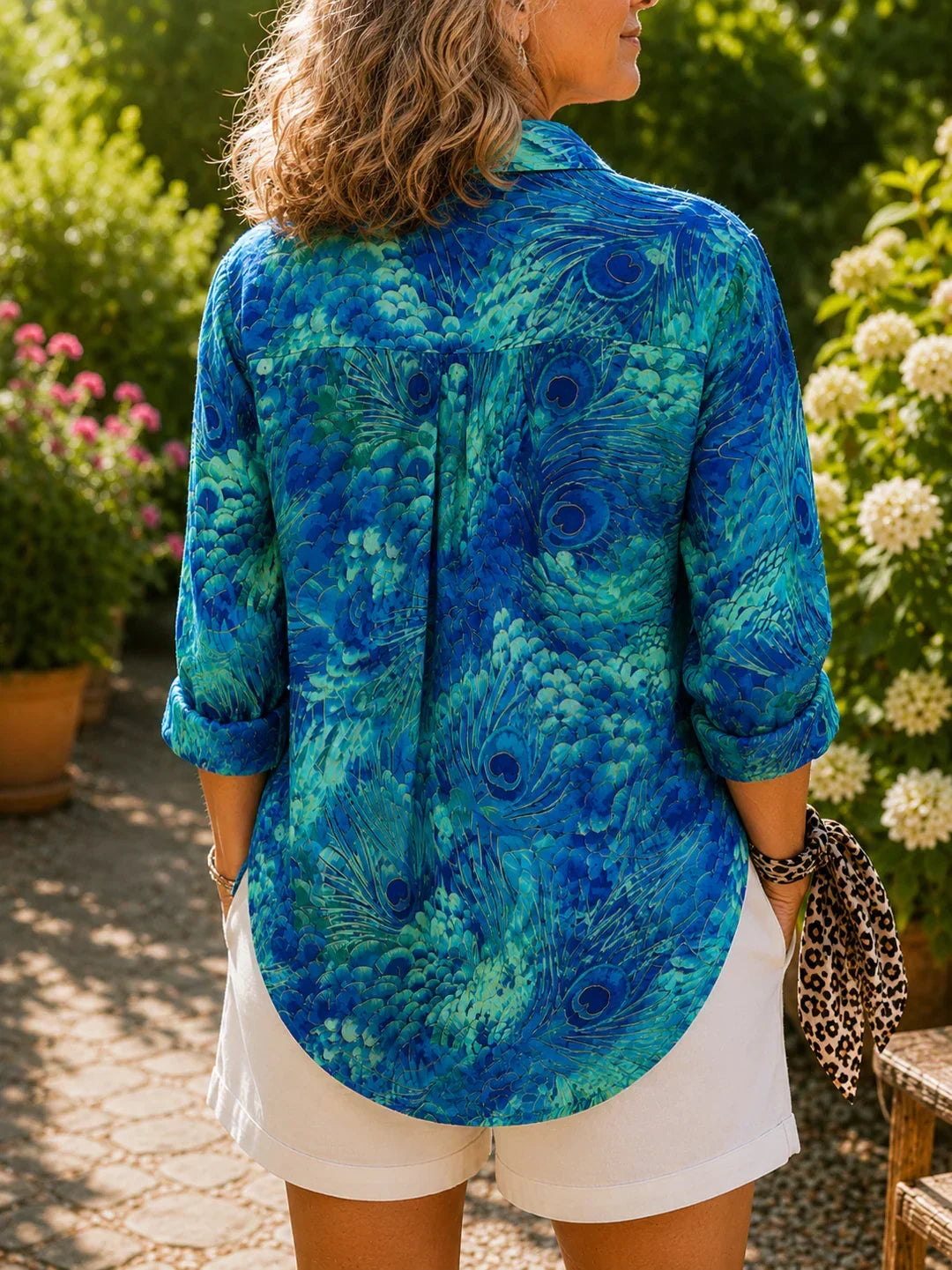 Peacock Grace Button-Up Blouse