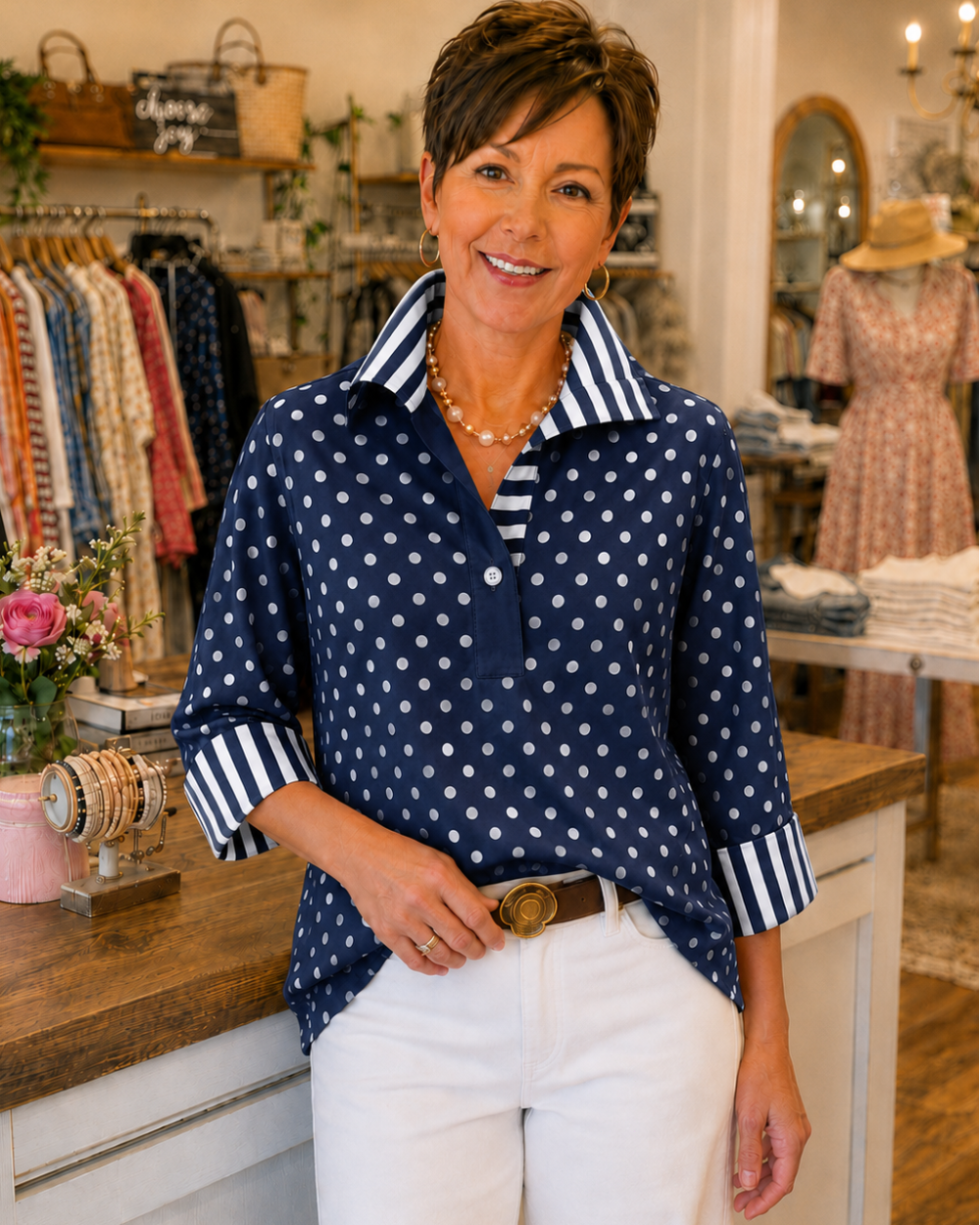 Polka Dot Contrast-Stripe Blouse
