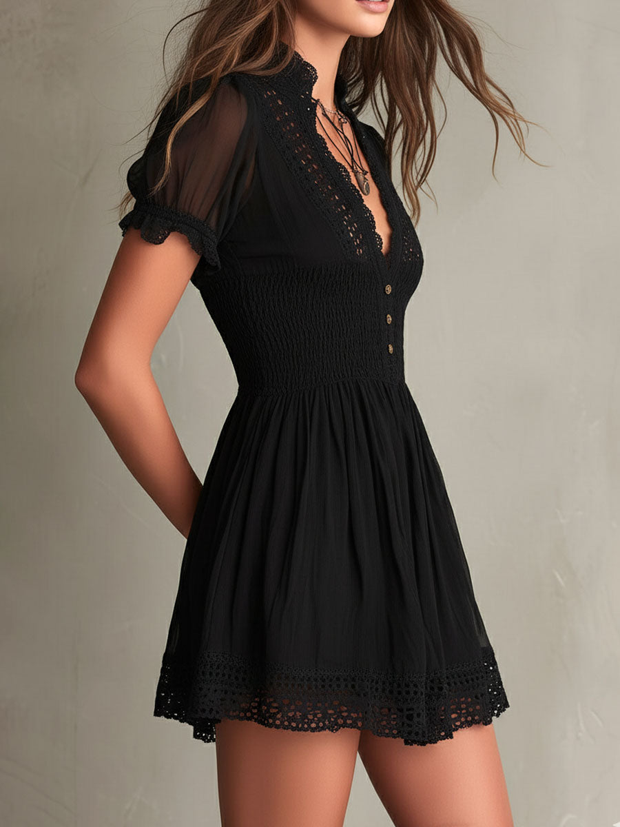 Smocked Lace-Trim Mini Dress