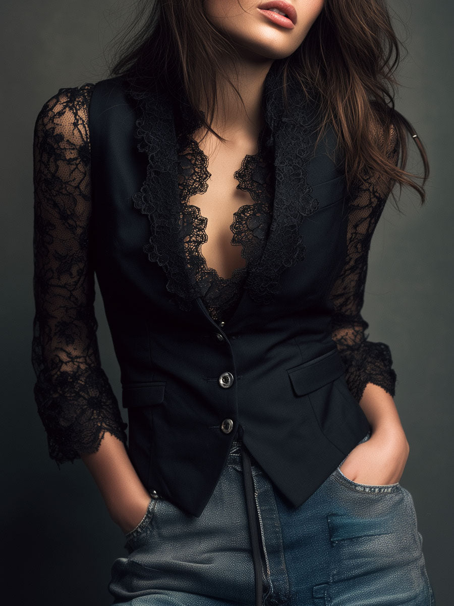 Black Lace Sleeve Blazer