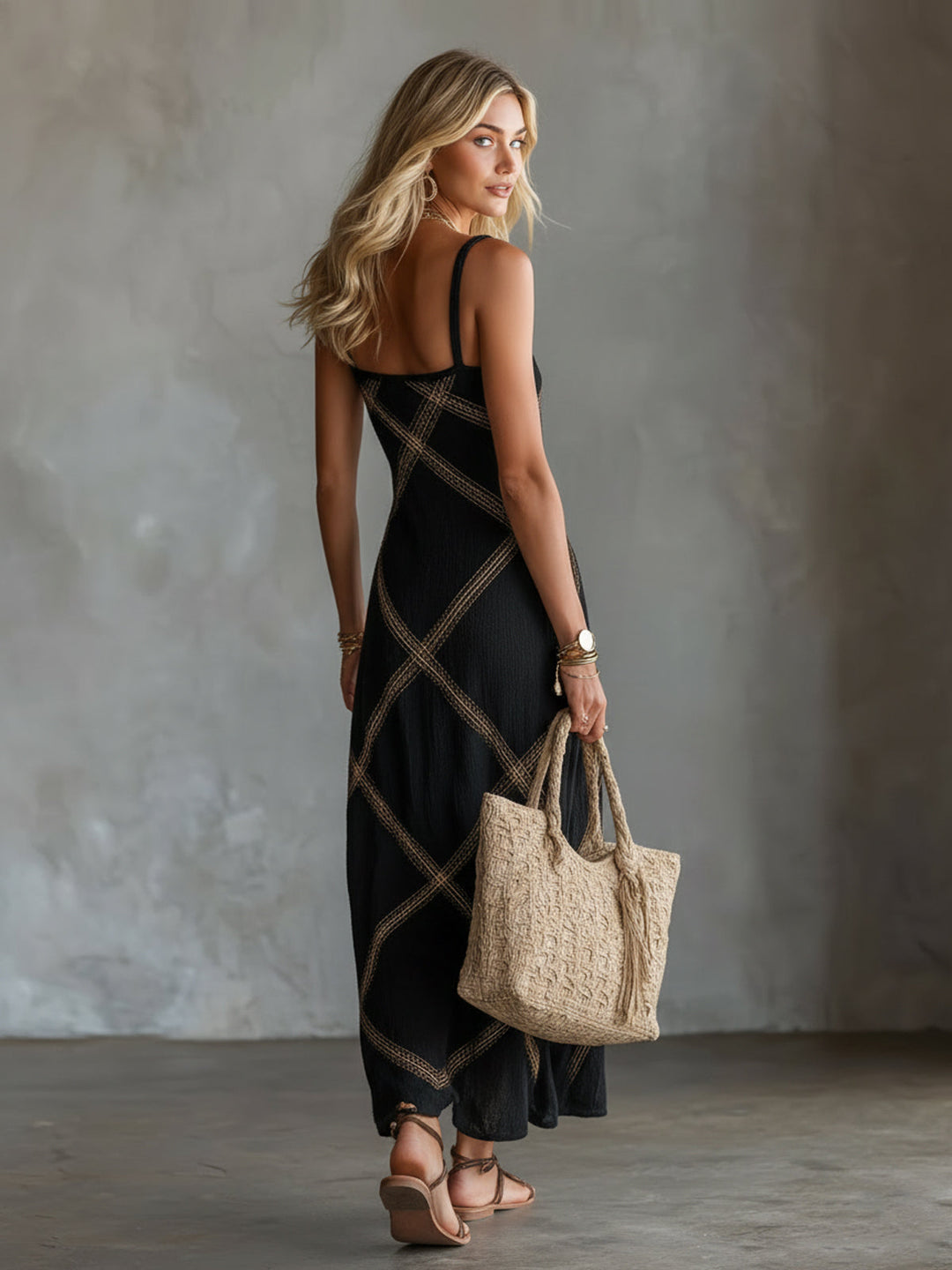 Geometric Maxi Dress with Square Neck