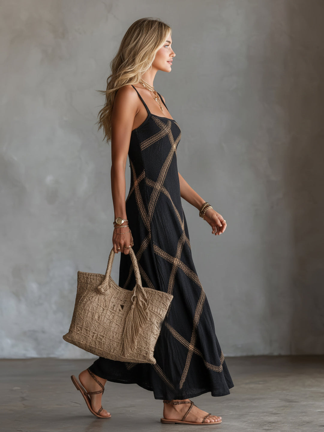 Geometric Maxi Dress with Square Neck