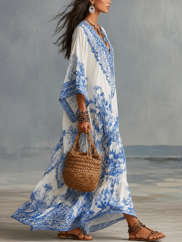 Blue Porcelain Print Kaftan Dress