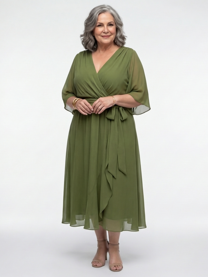 V-Neck Draped Waist Midi Dress