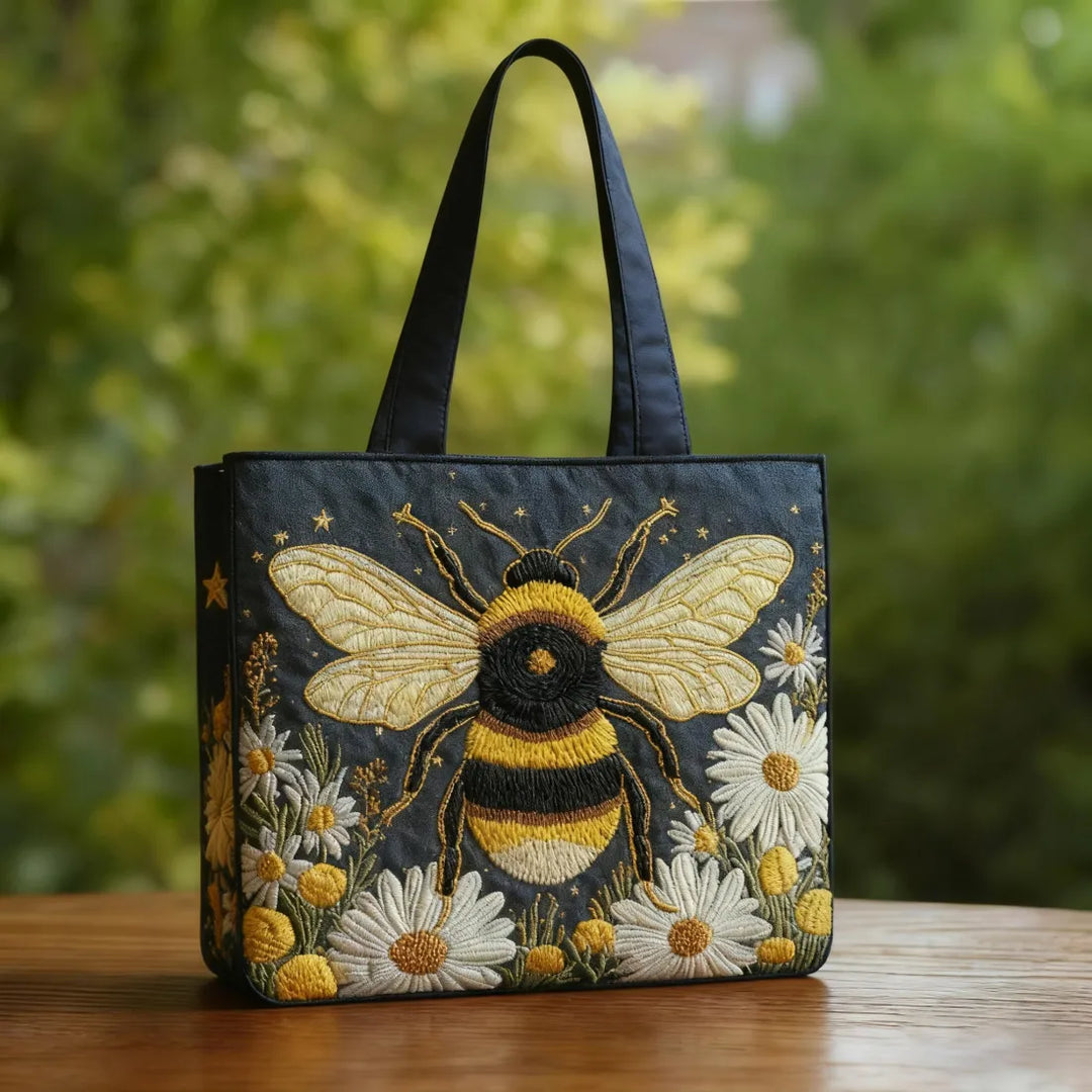 Bee with Daisies and Stars Handmade Tote Bag