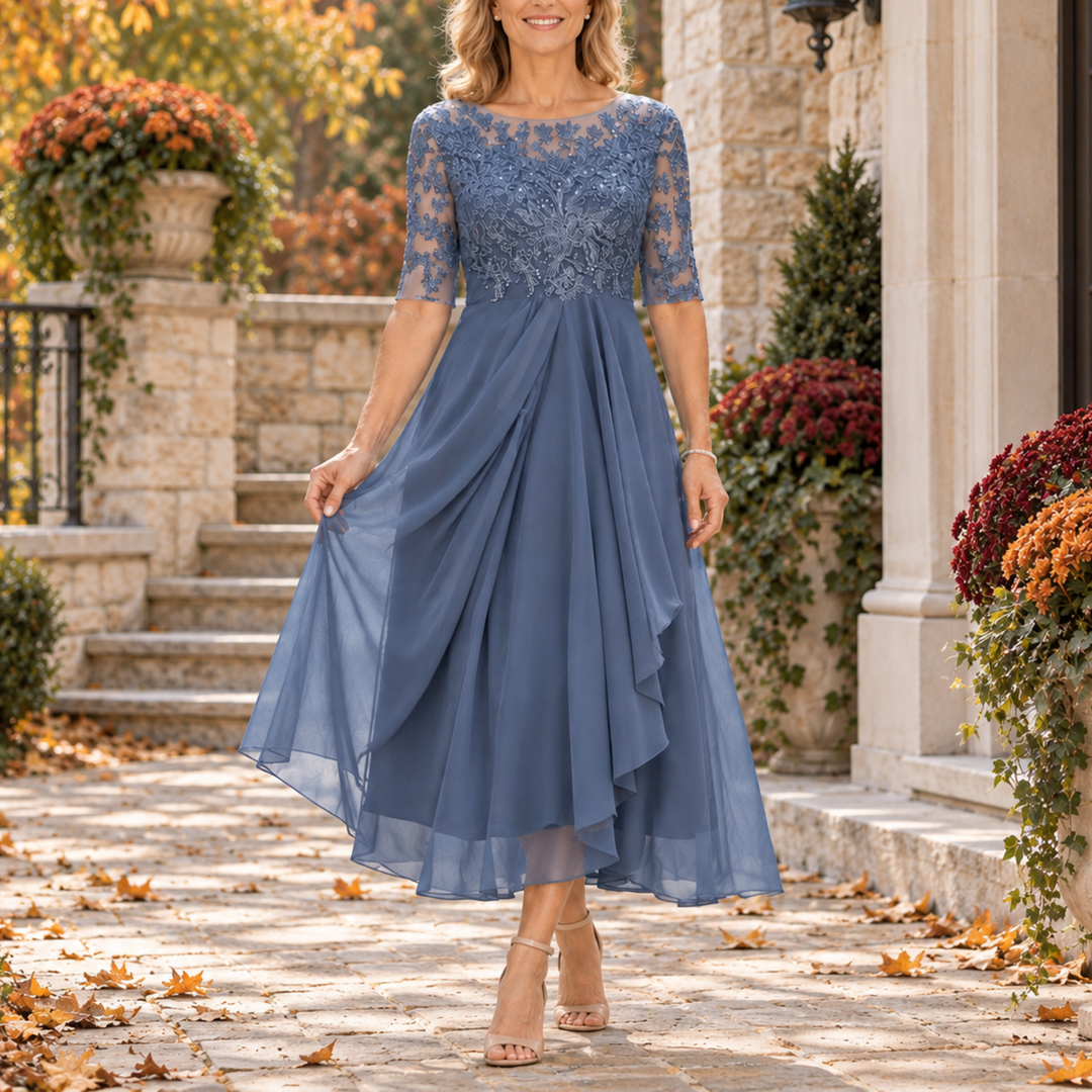 Lace Bodice Draped Midi Dress Alaina