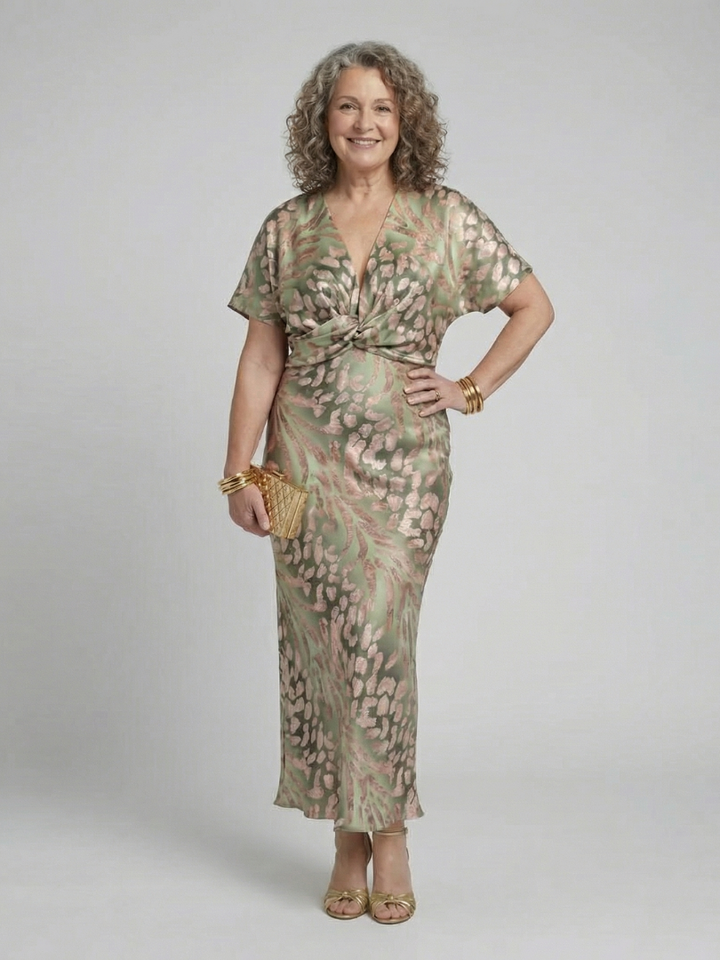 Print V-Neck Wrap Waist Midi Dress